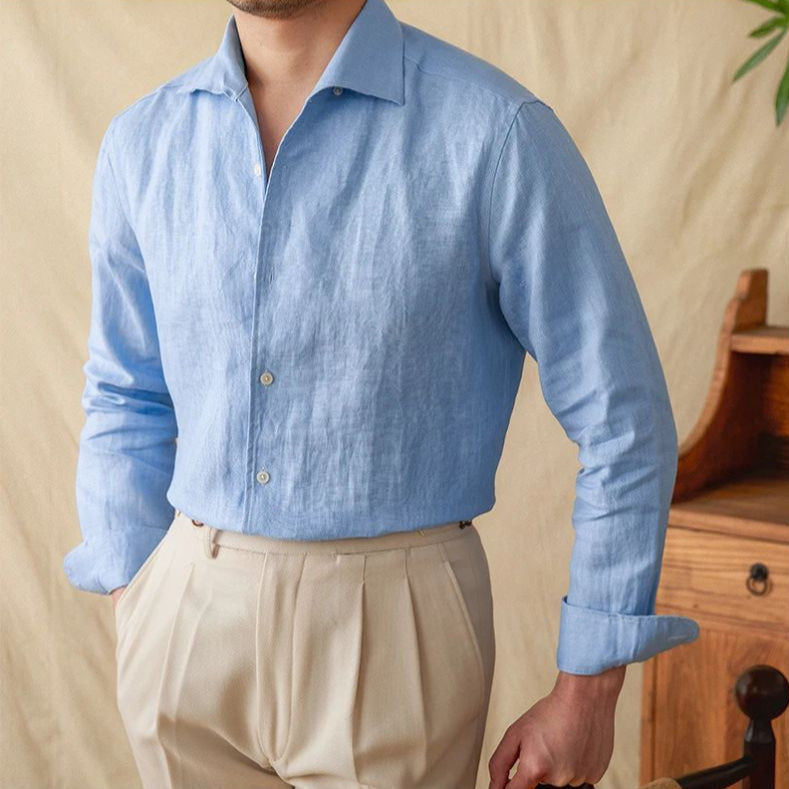 chemise habillée slim homme, chemise habillée homme en lin, chemise élégante homme, chemise en lin slim fit, chemise en lin bleue homme