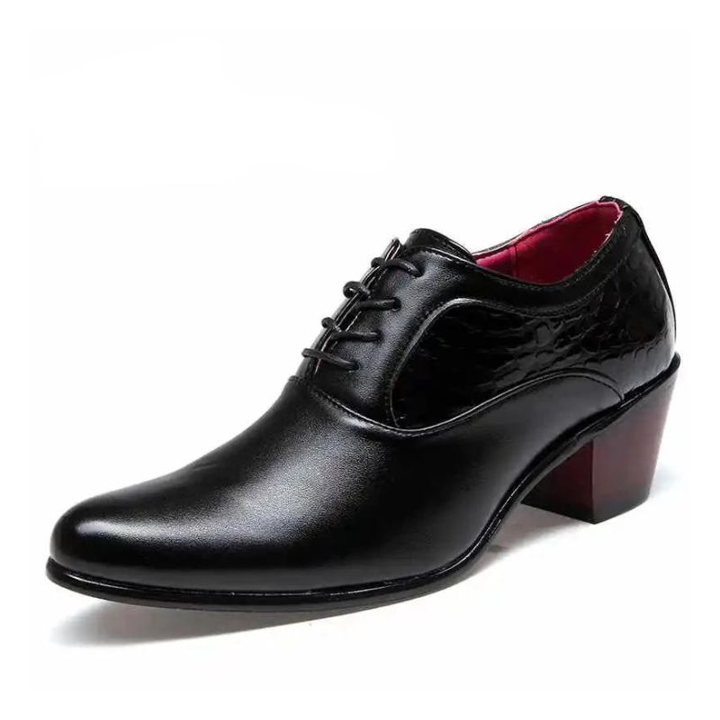 chaussure homme talon bloc, chaussure homme détail croco, chaussure de ville originale, chaussure homme élégante noire, chaussure homme soirée