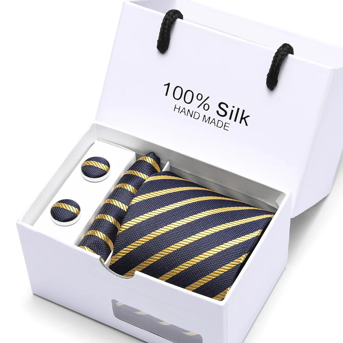 coffret cravate en soie, cravate rayée de luxe, ensemble homme élégant, boutons de manchette et pochette, coffret cadeau pour homme