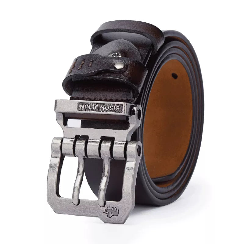 ceinture homme cuir véritable, ceinture bison denim, ceinture casual élégante, accessoire homme luxe, ceinture boucle imposante