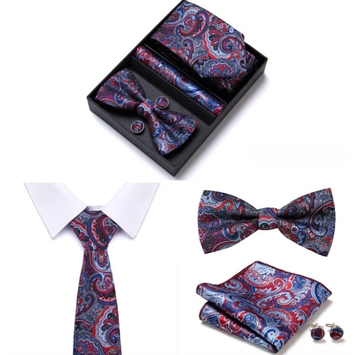 coffret cravate nœud papillon, ensemble cravate imprimée, accessoire homme de luxe, boutons de manchette en soie, coffret cadeau pour homme