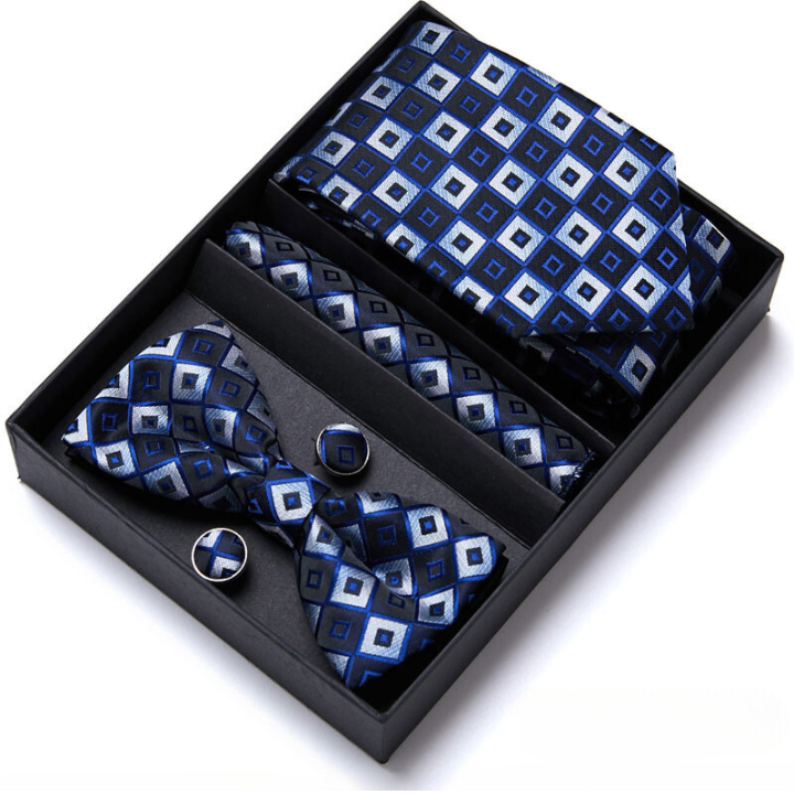 coffret cravate nœud papillon, ensemble cravate imprimée, accessoire homme de luxe, boutons de manchette en soie, coffret cadeau pour homme