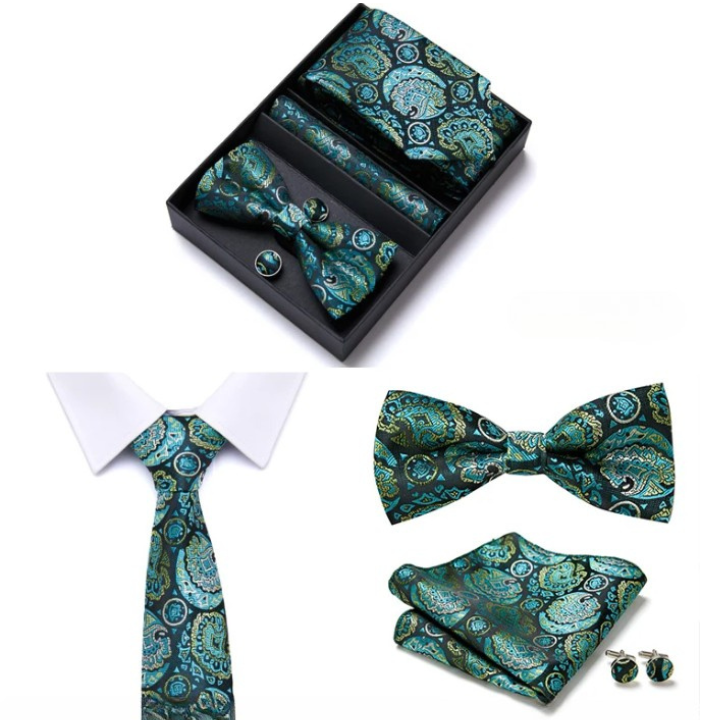 coffret cravate nœud papillon, ensemble cravate imprimée, accessoire homme de luxe, boutons de manchette en soie, coffret cadeau pour homme