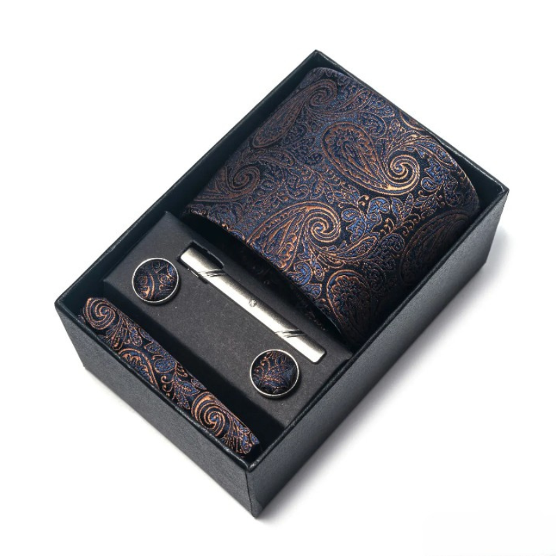 coffret cravate homme, cravate imprimée en soie, accessoire homme de luxe, coffret cadeau gentleman, boutons de manchette et pochette