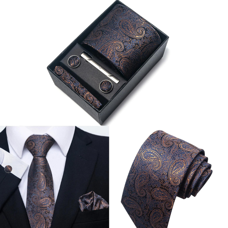 coffret cravate homme, cravate imprimée en soie, accessoire homme de luxe, coffret cadeau gentleman, boutons de manchette et pochette