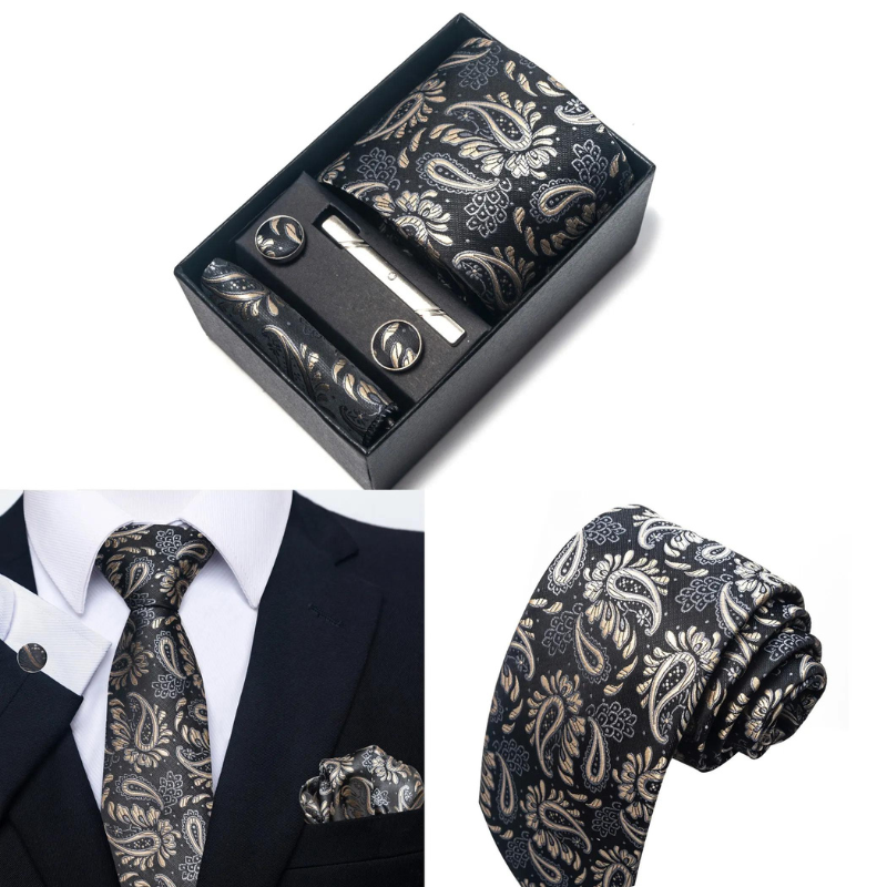 coffret cravate homme, cravate imprimée en soie, accessoire homme de luxe, coffret cadeau gentleman, boutons de manchette et pochette