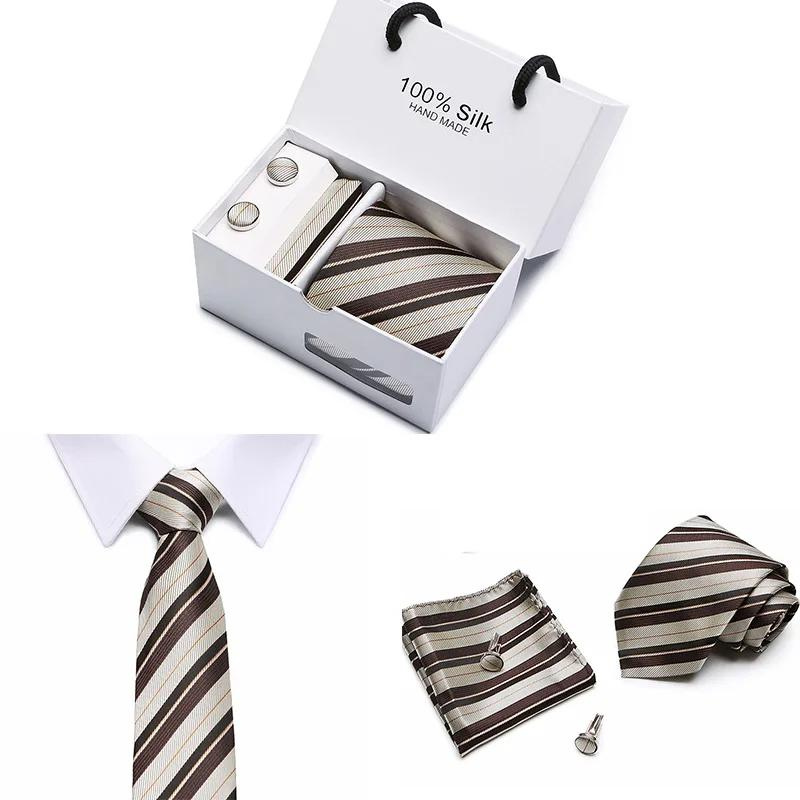 coffret cravate en soie, cravate rayée de luxe, ensemble homme élégant, boutons de manchette et pochette, coffret cadeau pour homme