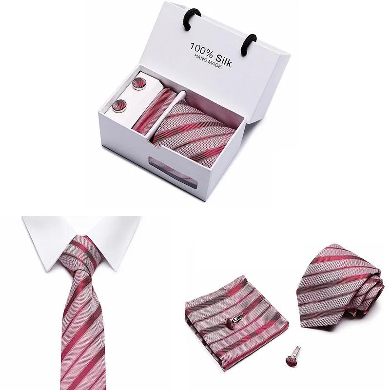 coffret cravate en soie, cravate rayée de luxe, ensemble homme élégant, boutons de manchette et pochette, coffret cadeau pour homme