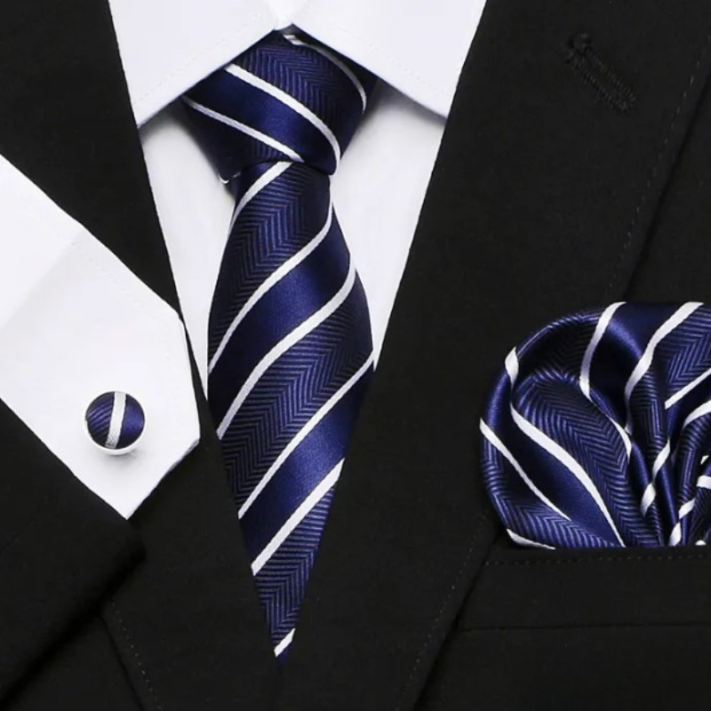 coffret cravate homme, cravate rayée en soie, accessoire masculin élégant, boutons de manchette en soie, coffret cadeau de luxe
