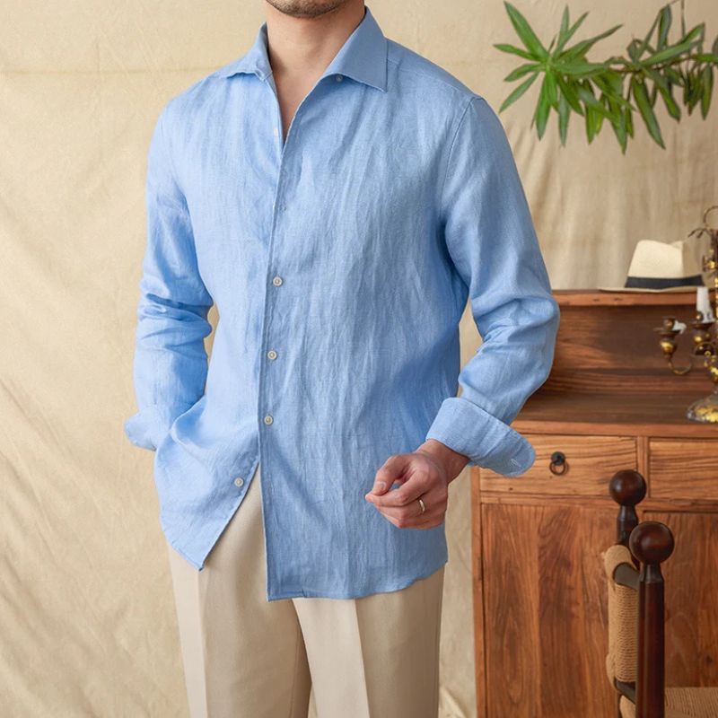 chemise habillée slim homme, chemise habillée homme en lin, chemise élégante homme, chemise en lin slim fit, chemise en lin bleue homme