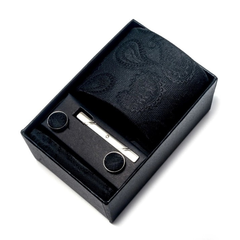 coffret cravate homme, cravate imprimée en soie, accessoire homme de luxe, coffret cadeau gentleman, boutons de manchette et pochette