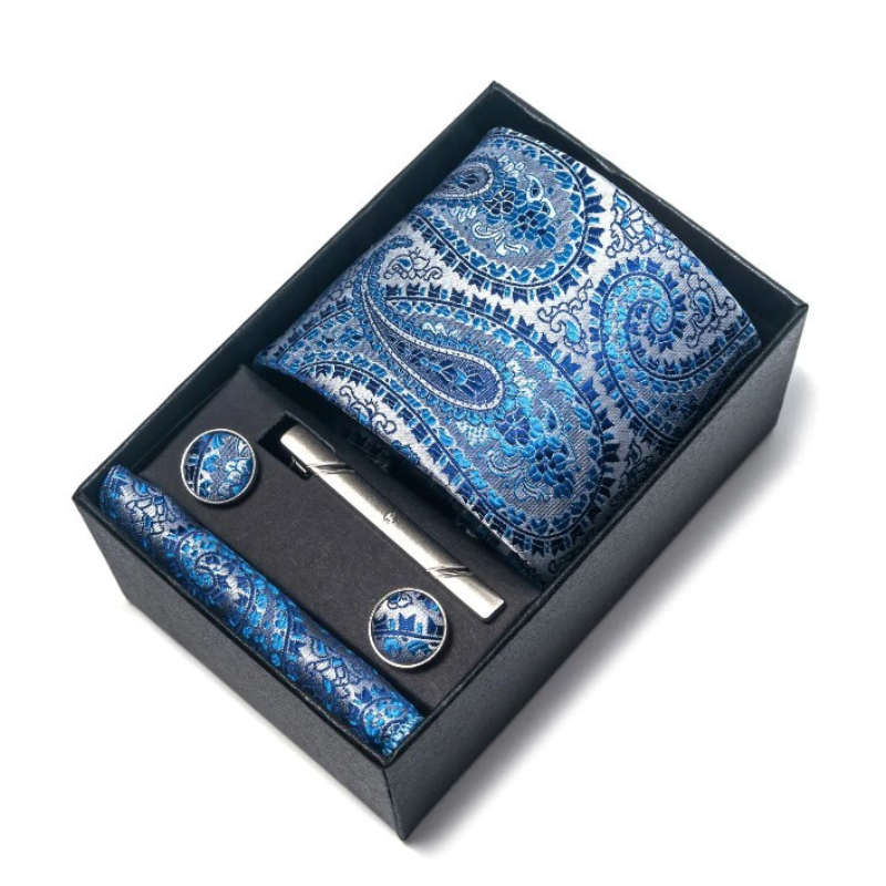 coffret cravate homme, cravate imprimée en soie, accessoire homme de luxe, coffret cadeau gentleman, boutons de manchette et pochette