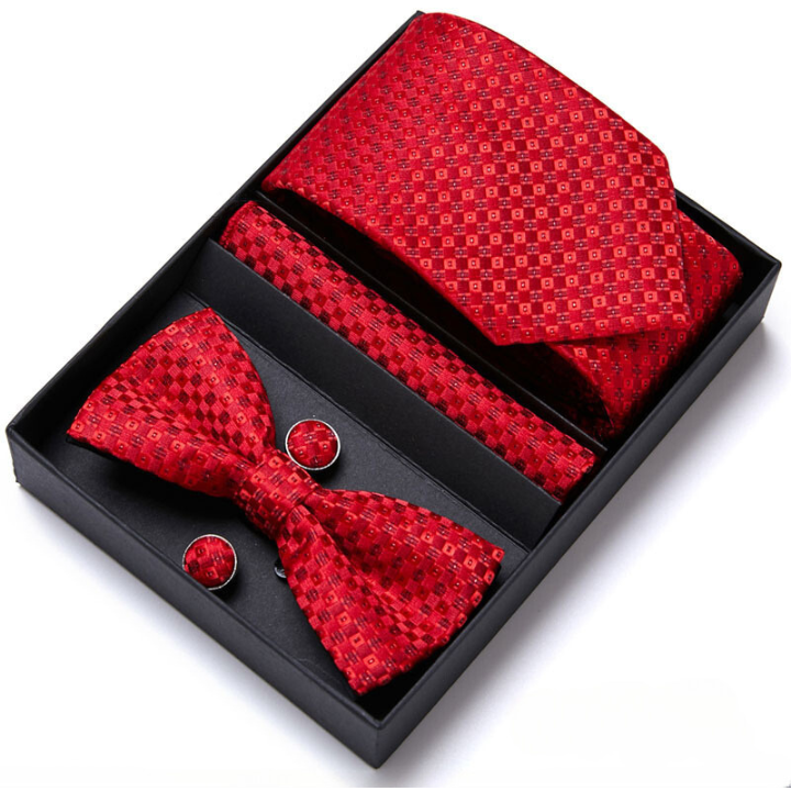 coffret cravate nœud papillon, ensemble cravate imprimée, accessoire homme de luxe, boutons de manchette en soie, coffret cadeau pour homme
