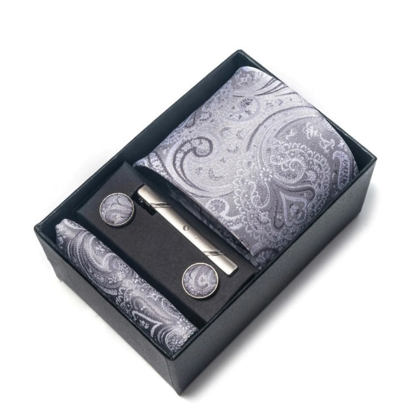 coffret cravate homme, cravate imprimée en soie, accessoire homme de luxe, coffret cadeau gentleman, boutons de manchette et pochette