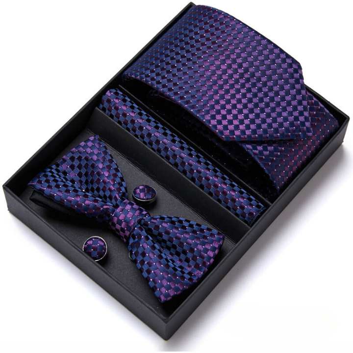 coffret cravate nœud papillon, ensemble cravate imprimée, accessoire homme de luxe, boutons de manchette en soie, coffret cadeau pour homme