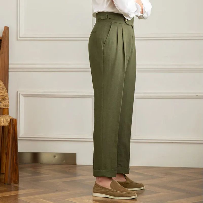 Pantalon en lin et coton, Pantalon de costume homme slim, Pantalon de tailleur à plis, Pantalon chic homme