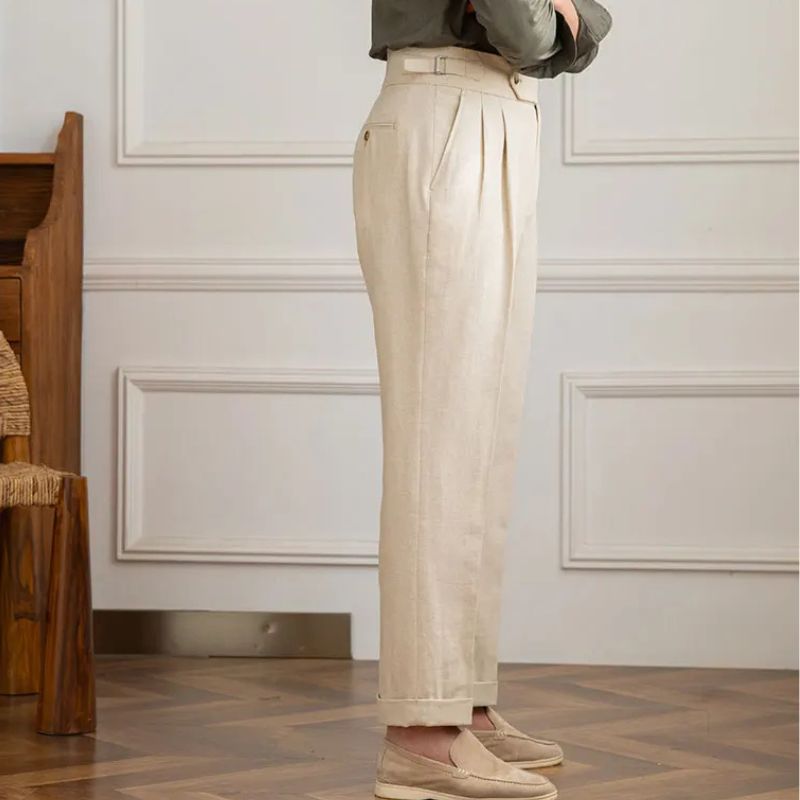 Pantalon en lin et coton, Pantalon de costume homme slim, Pantalon de tailleur à plis, Pantalon chic homme







