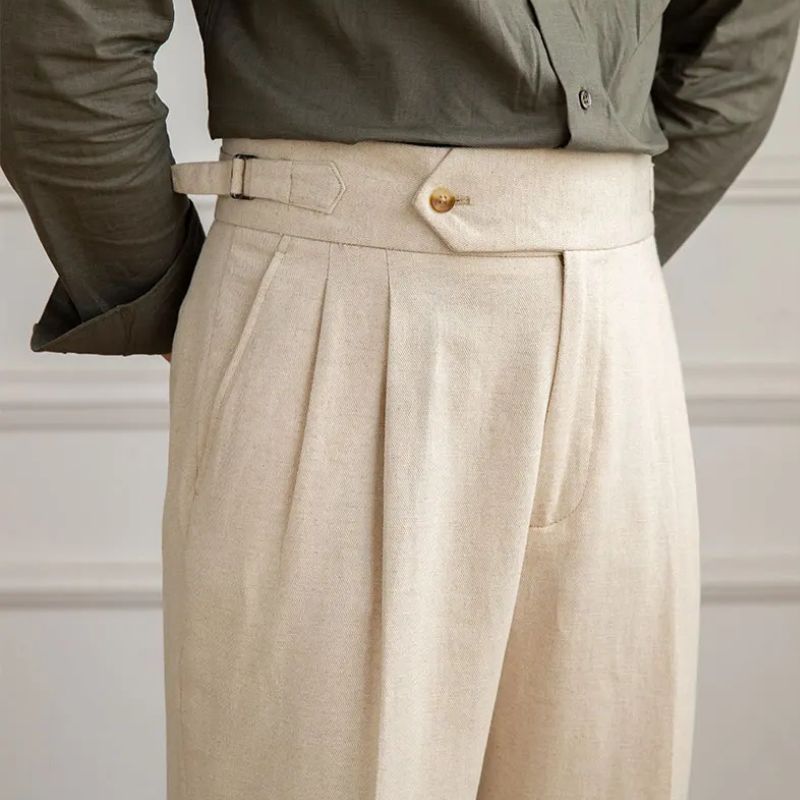 Pantalon en lin et coton, Pantalon de costume homme slim, Pantalon de tailleur à plis, Pantalon chic homme