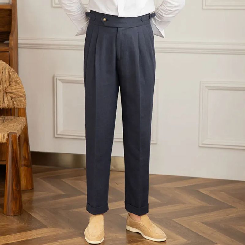 Pantalon en lin et coton, Pantalon de costume homme slim, Pantalon de tailleur à plis, Pantalon chic homme