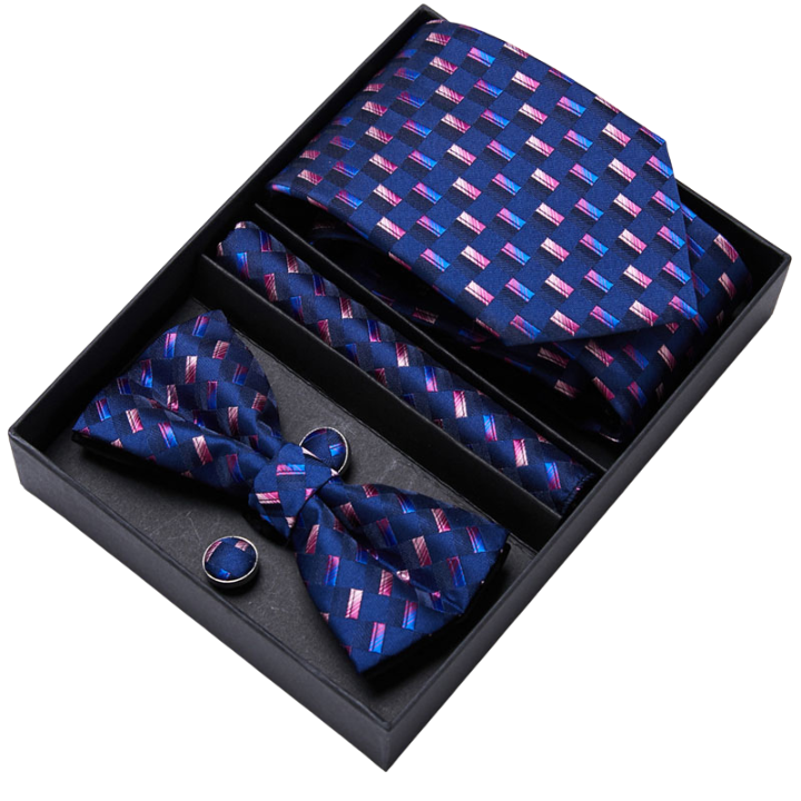 coffret cravate nœud papillon, ensemble cravate imprimée, accessoire homme de luxe, boutons de manchette en soie, coffret cadeau pour homme