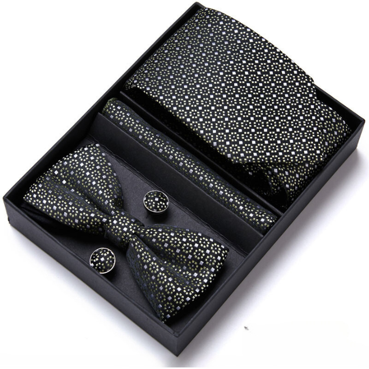 coffret cravate nœud papillon, ensemble cravate imprimée, accessoire homme de luxe, boutons de manchette en soie, coffret cadeau pour homme
