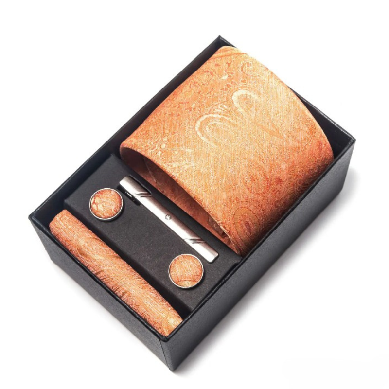 coffret cravate homme, cravate imprimée en soie, accessoire homme de luxe, coffret cadeau gentleman, boutons de manchette et pochette