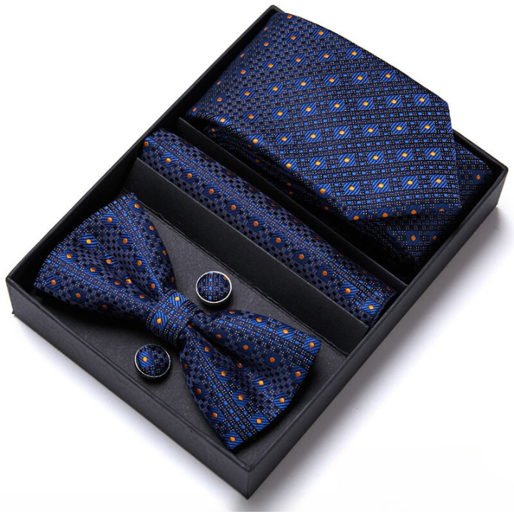 coffret cravate nœud papillon, ensemble cravate imprimée, accessoire homme de luxe, boutons de manchette en soie, coffret cadeau pour homme