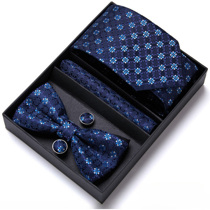 coffret cravate nœud papillon, ensemble cravate imprimée, accessoire homme de luxe, boutons de manchette en soie, coffret cadeau pour homme