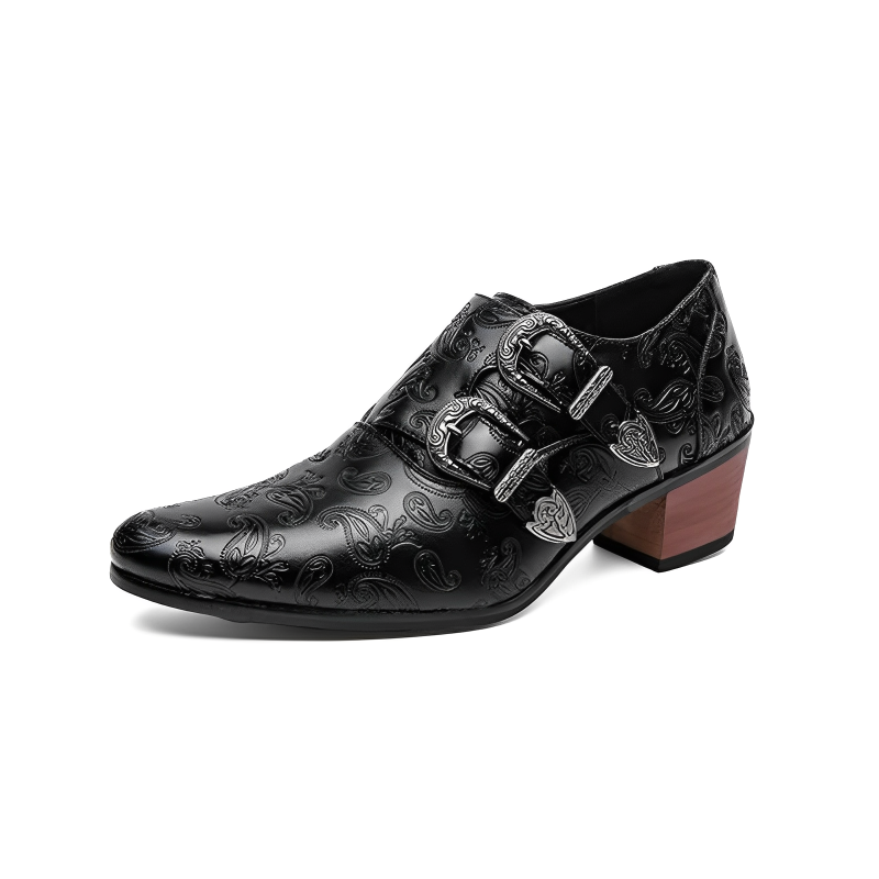 chaussure homme vintage, chaussure homme boucle, chaussure homme talon bloc, chaussure homme marron motif, chaussure de ville originale