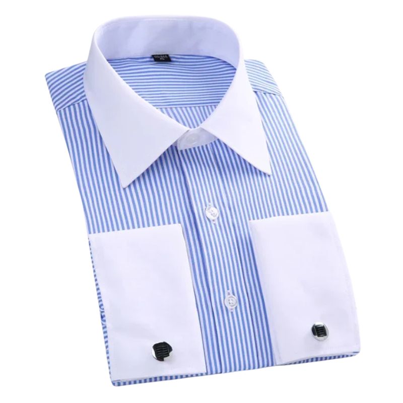 chemise habillée slim fit homme, chemise habillée avec boutons de manchette, chemise habillée bleue et blanche