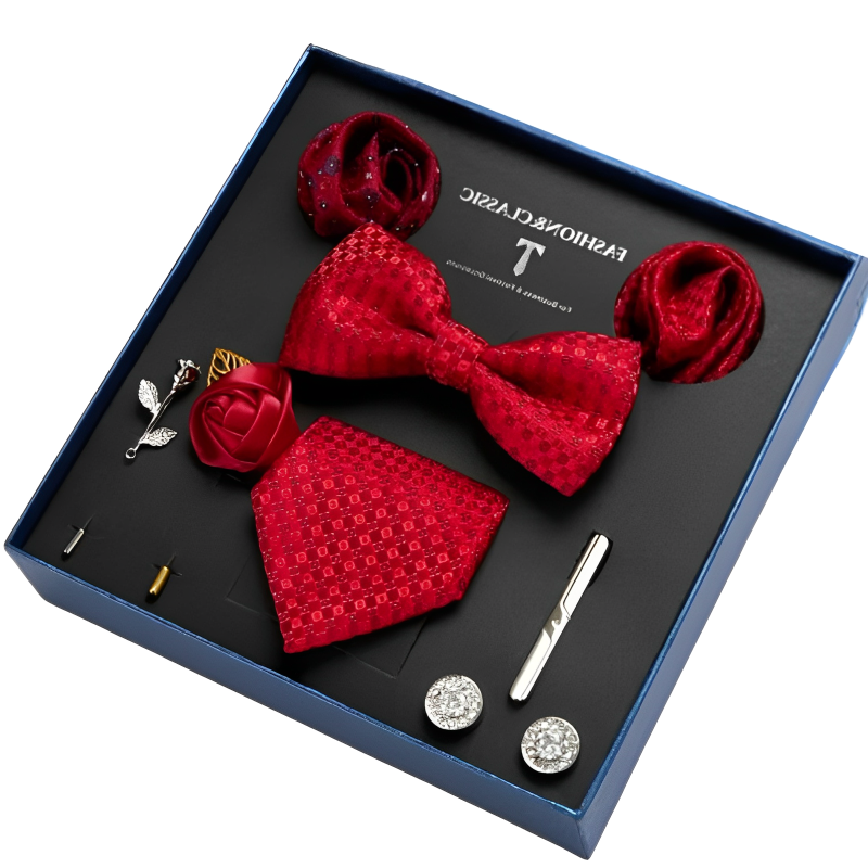 coffret cravate homme, ensemble accessoires masculins, coffret cadeau gentleman, cravate élégante, boutons de manchette