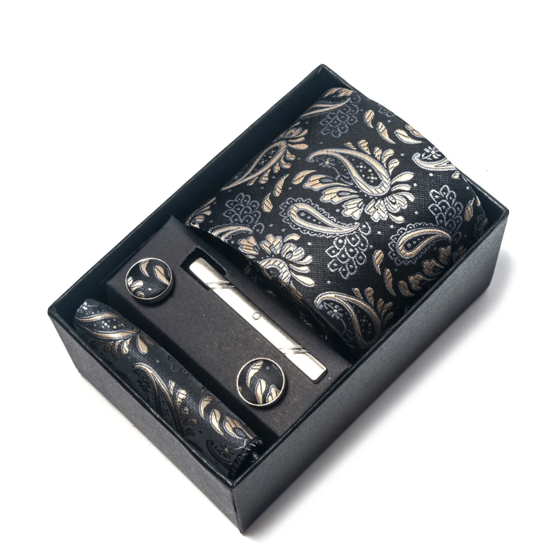 coffret cravate homme, cravate imprimée en soie, accessoire homme de luxe, coffret cadeau gentleman, boutons de manchette et pochette