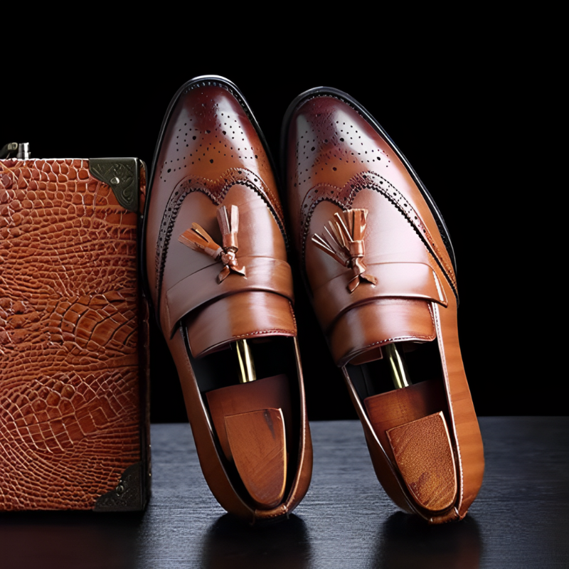 mocassin homme élégant, chaussure à glands homme, mocassin brogue homme, chaussure de ville marron, chaussure homme formelle