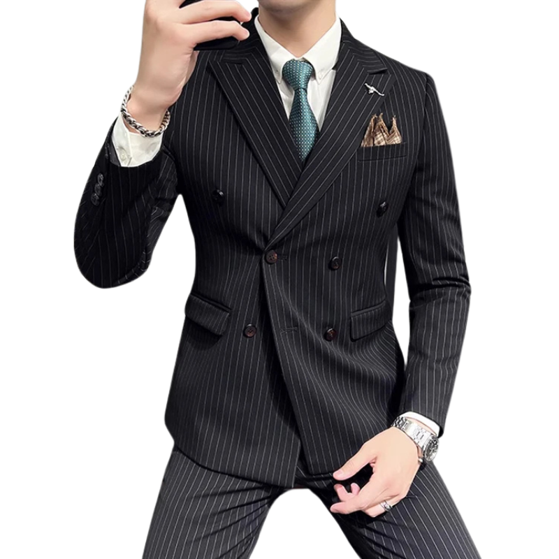 Costume, costume homme, costume croisé, costume homme à rayures craie, costume homme à rayures craie, costume homme croisé à rayures
