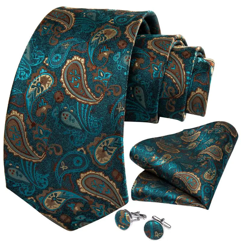 coffret cravate luxe, cravate imprimée en soie, accessoire homme formel, boutons de manchette et pochette, cravate design exclusif