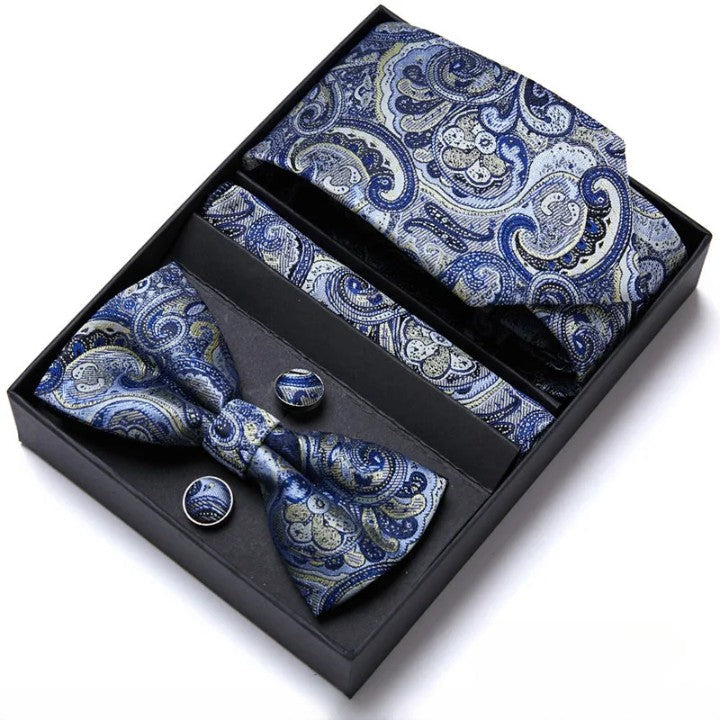 coffret cravate nœud papillon, ensemble cravate imprimée, accessoire homme de luxe, boutons de manchette en soie, coffret cadeau pour homme