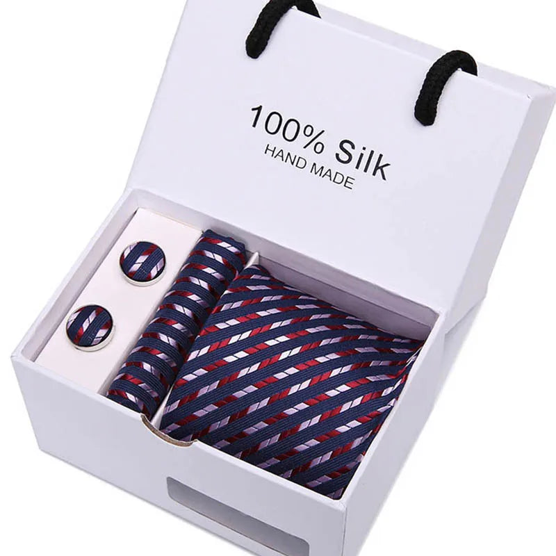 coffret cravate en soie, cravate rayée de luxe, ensemble homme élégant, boutons de manchette et pochette, coffret cadeau pour homme