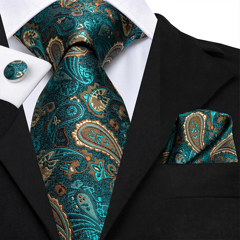 coffret cravate luxe, cravate imprimée en soie, accessoire homme formel, boutons de manchette et pochette, cravate design exclusif