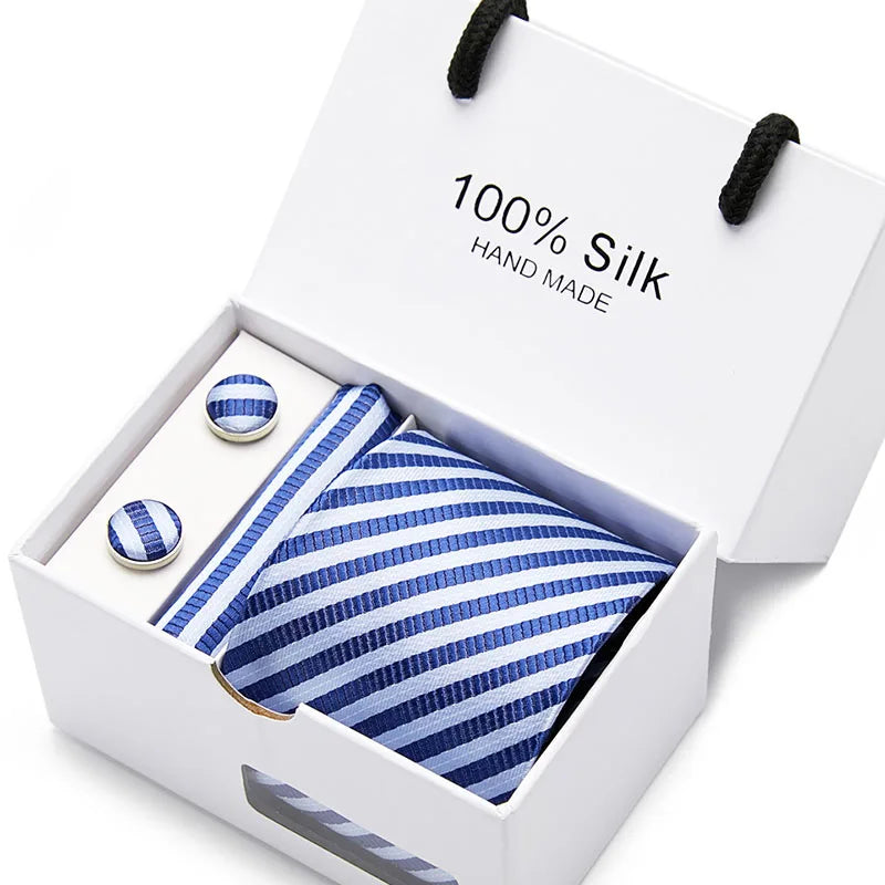 coffret cravate en soie, cravate rayée de luxe, ensemble homme élégant, boutons de manchette et pochette, coffret cadeau pour homme