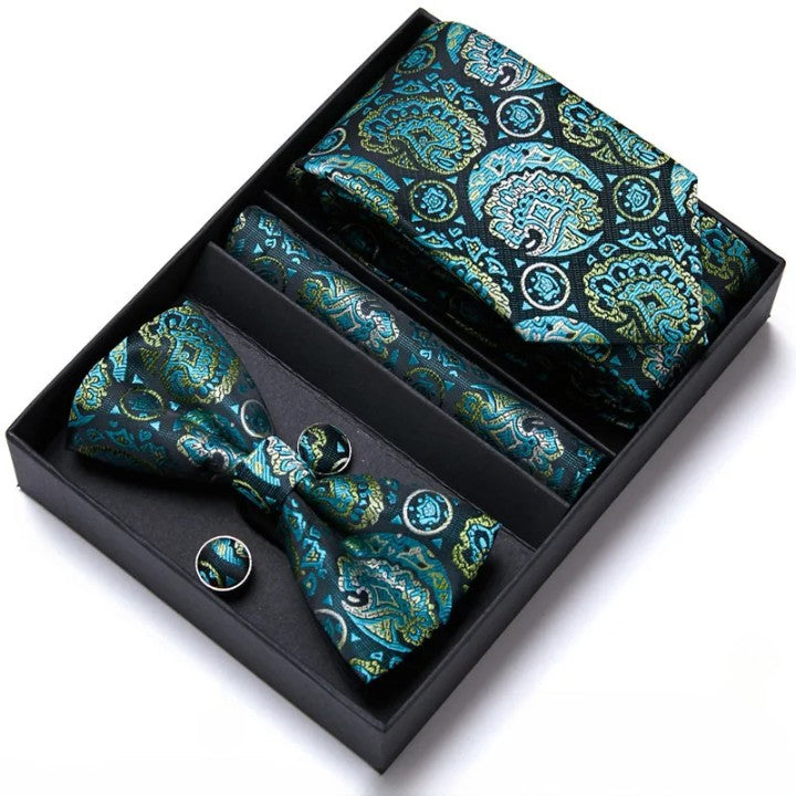 coffret cravate nœud papillon, ensemble cravate imprimée, accessoire homme de luxe, boutons de manchette en soie, coffret cadeau pour homme
