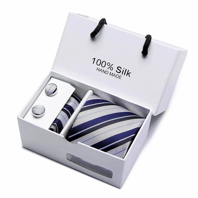 coffret cravate en soie, cravate rayée de luxe, ensemble homme élégant, boutons de manchette et pochette, coffret cadeau pour homme