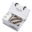 coffret cravate en soie, cravate rayée de luxe, ensemble homme élégant, boutons de manchette et pochette, coffret cadeau pour homme
