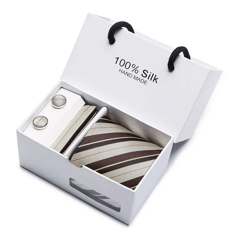 coffret cravate en soie, cravate rayée de luxe, ensemble homme élégant, boutons de manchette et pochette, coffret cadeau pour homme