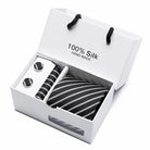 coffret cravate en soie, cravate rayée de luxe, ensemble homme élégant, boutons de manchette et pochette, coffret cadeau pour homme