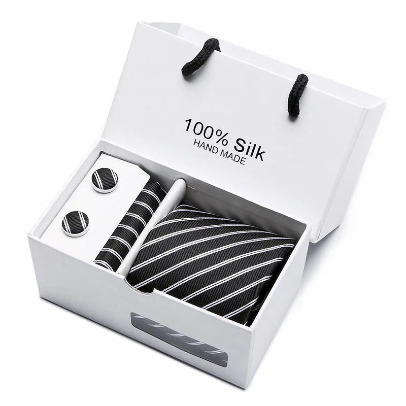 coffret cravate en soie, cravate rayée de luxe, ensemble homme élégant, boutons de manchette et pochette, coffret cadeau pour homme