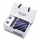 coffret cravate en soie, cravate rayée de luxe, ensemble homme élégant, boutons de manchette et pochette, coffret cadeau pour homme