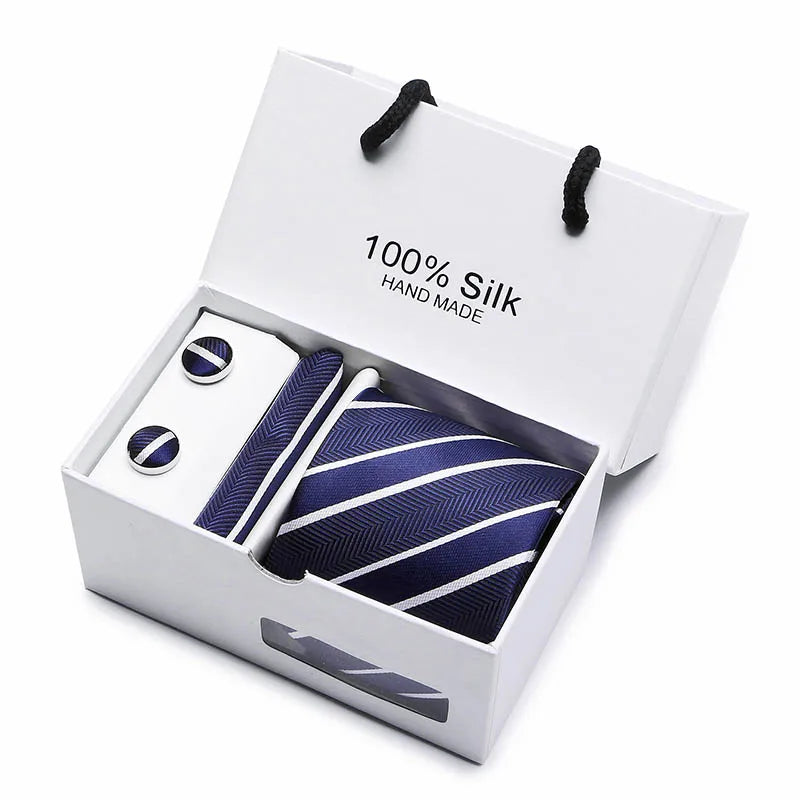 coffret cravate en soie, cravate rayée de luxe, ensemble homme élégant, boutons de manchette et pochette, coffret cadeau pour homme