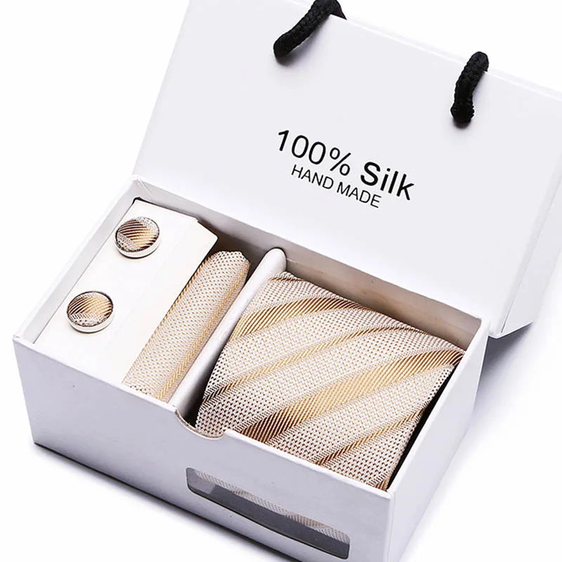 coffret cravate en soie, cravate rayée de luxe, ensemble homme élégant, boutons de manchette et pochette, coffret cadeau pour homme