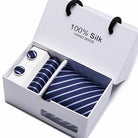 coffret cravate en soie, cravate rayée de luxe, ensemble homme élégant, boutons de manchette et pochette, coffret cadeau pour homme