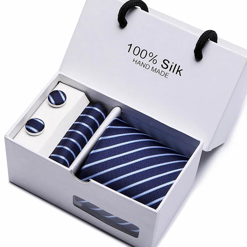 coffret cravate en soie, cravate rayée de luxe, ensemble homme élégant, boutons de manchette et pochette, coffret cadeau pour homme